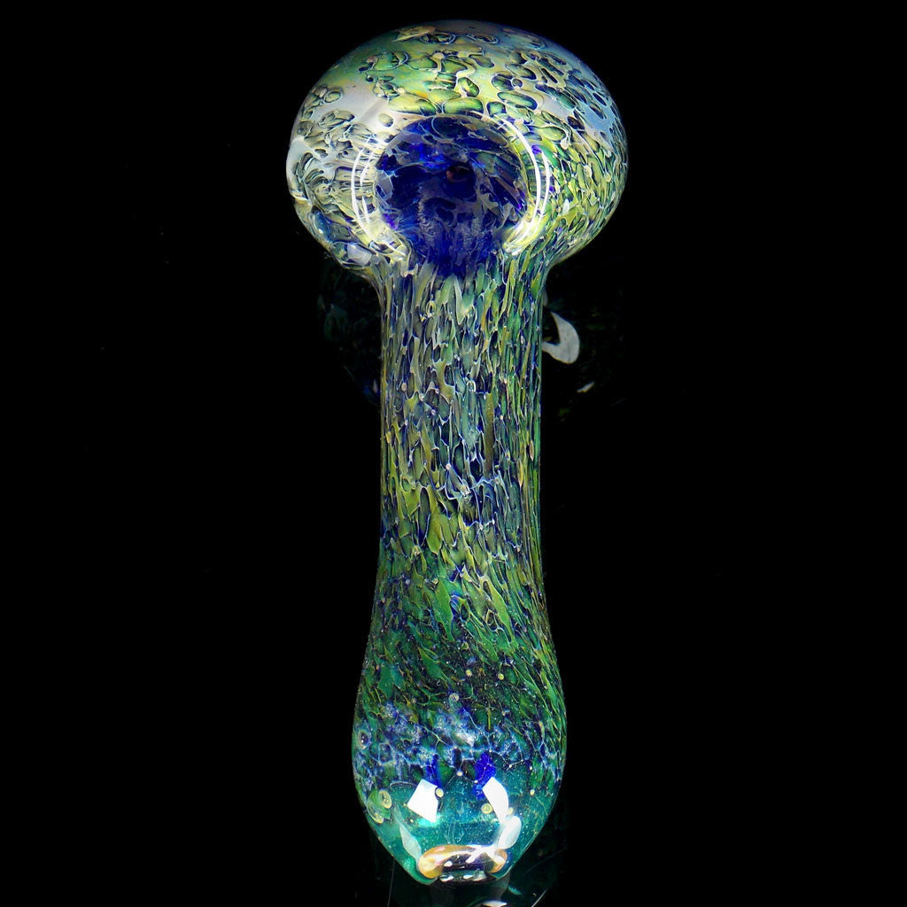 G-Spot Glass Spoon Pipe - Fumed with Blue and Yellow Zig-Zag Stripes